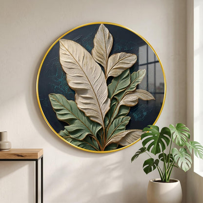 3D Textured Leaf Wall Painting with Golden PVC Frame Round Botanical Wall Art Modern Luxury Design for Living Room Bedroom Office Home Decor Elegant Gift Item (16 x 16 Inch) GRM-352