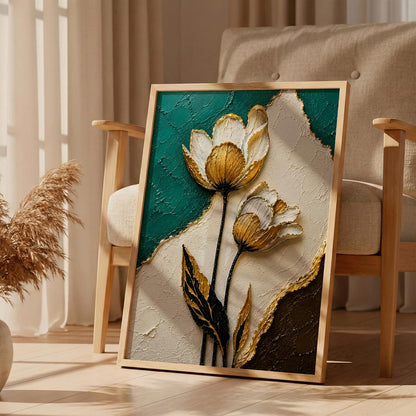White Gold Floral Teal Framed Wall Art, Natural, 10x13 Inches