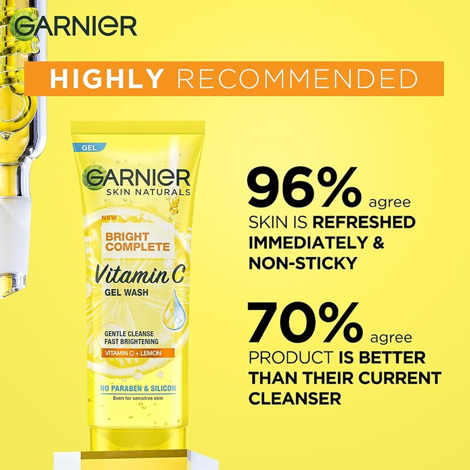 Garnier Skin Naturals Vitamin C Gel Wash with customer feedback on a yellow background