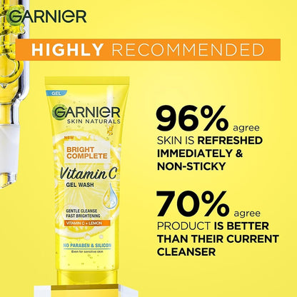 Garnier Skin Naturals Vitamin C Gel Wash with customer feedback on a yellow background