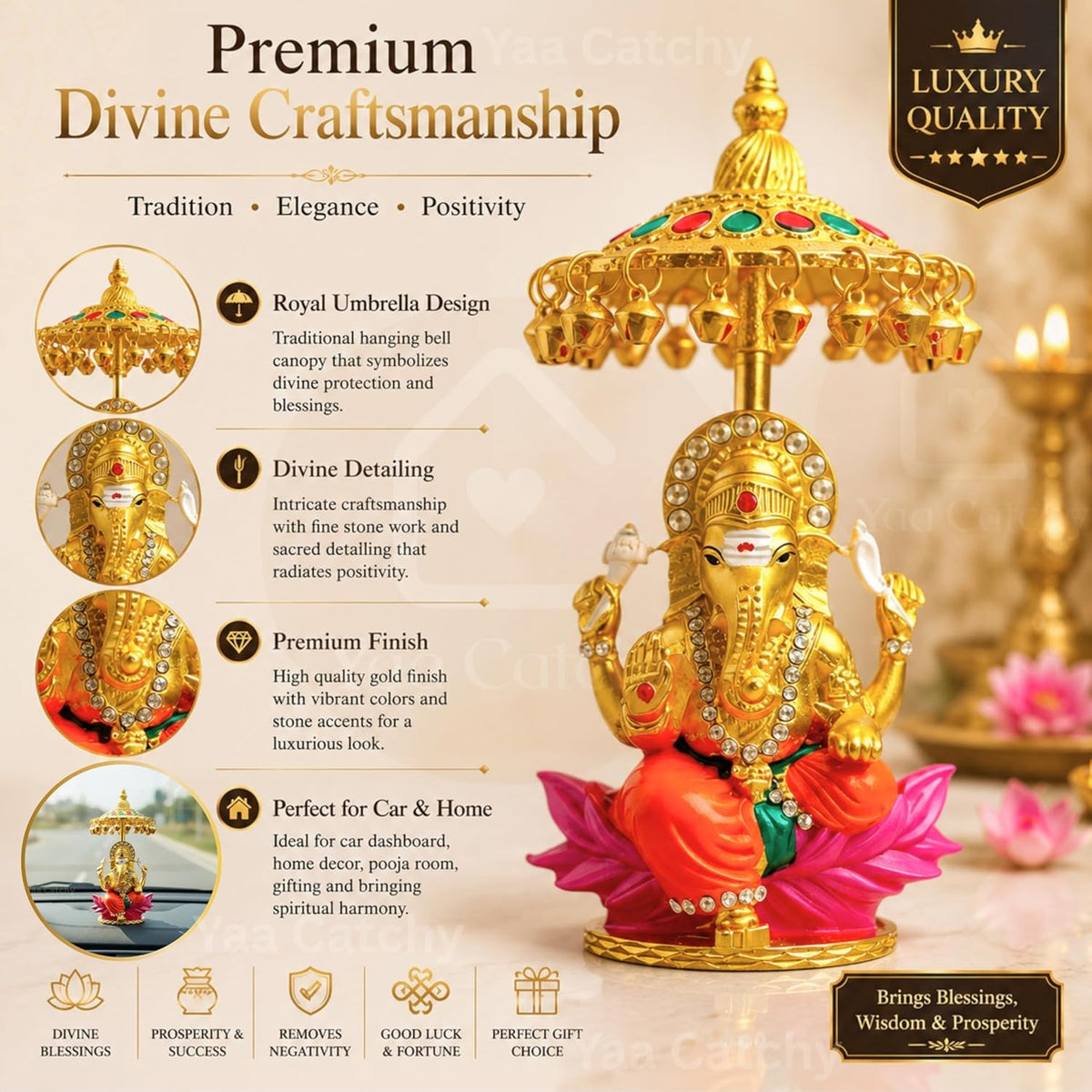 Yaa Catchy Lord Ganesha Car Dashboard Idol & Crystal Stones Hindu God Ganpati.Believed to Protect and Bless Travelers on Their Journeys. (Umbrella Colour)