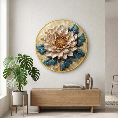 Luxury Floral Round Wall Painting White Gold Flower Art with Blue Leaves PVC Golden Frame Modern Wall Decor for Living Room Bedroom Office Home Decoration (20 x 20 Inch) GRL-394