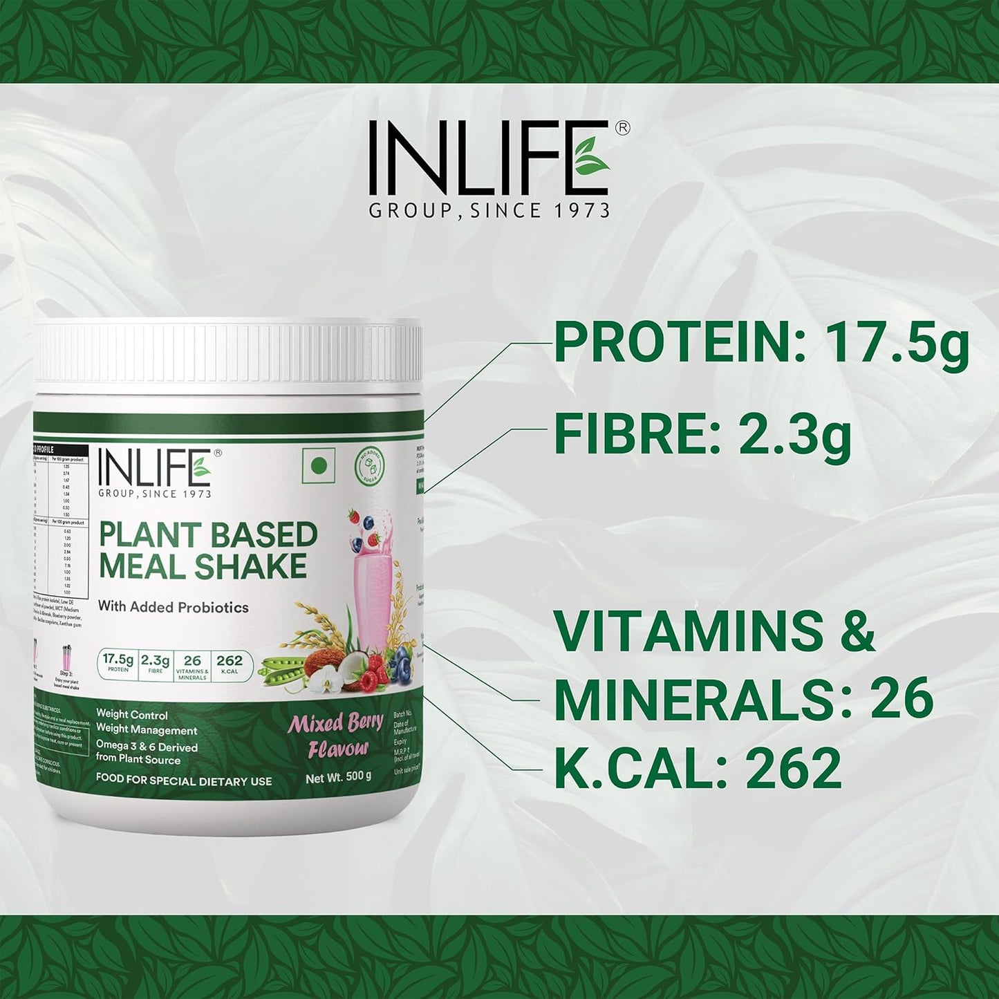 INLIFE Plant Based Meal Replacement Shake | Plant Protein Powder (17.5 Protein) No added Sugar, Lactose Free | Added Probiotics, 500g (Mixed Berry)