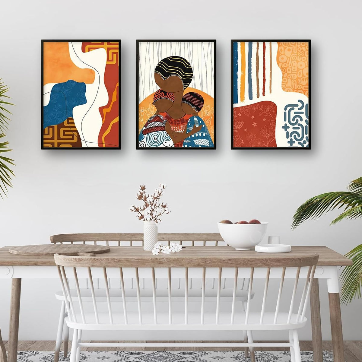 Modern Abstract Madhubani Art Painting with Frame | UV Printed, Scratchless Sparkle Laminated | Paintings for Living Room, Home Decor, Bedroom, Office, Hall, Black Textured Frames, Set of 3