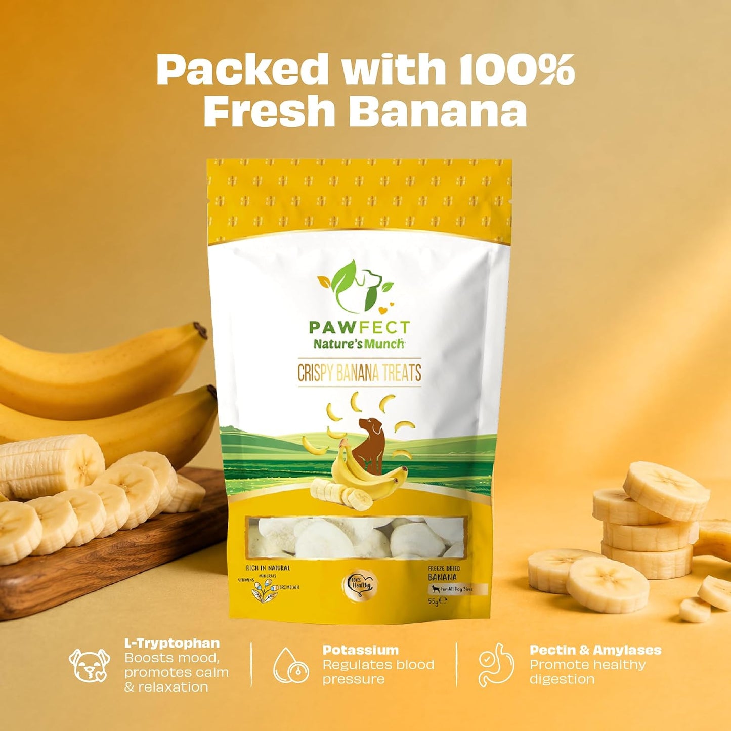 Pawfect Treats Nature's Munch Freeze Dried Dog Treats - Banana Healthy Dog Treats | Grain-Free | Promotes Shiny Coat | Supports Healthy Metabolism | Supports Energy Production (60g) Pawfect