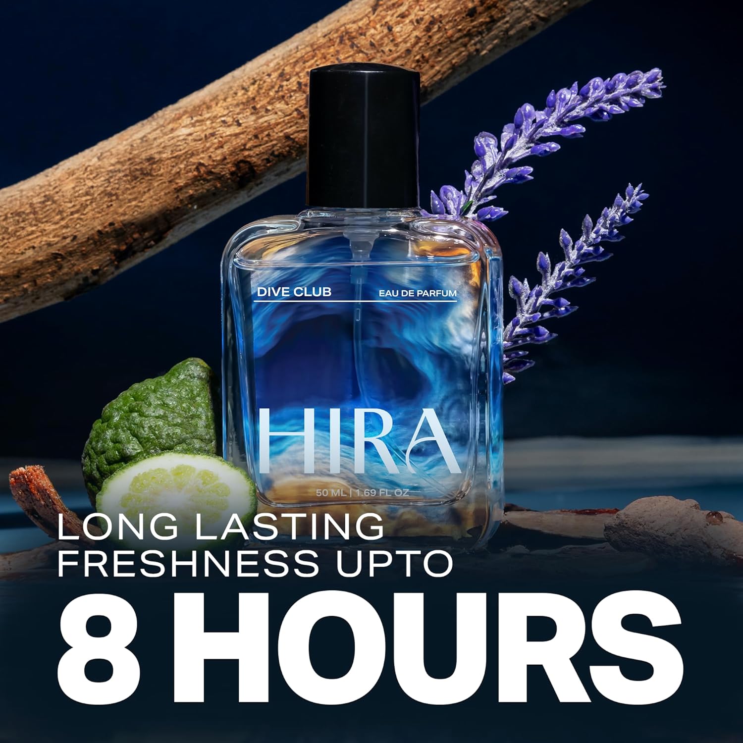 Perfume bottle with lavender and lime on a dark background, promoting long-lasting freshness.