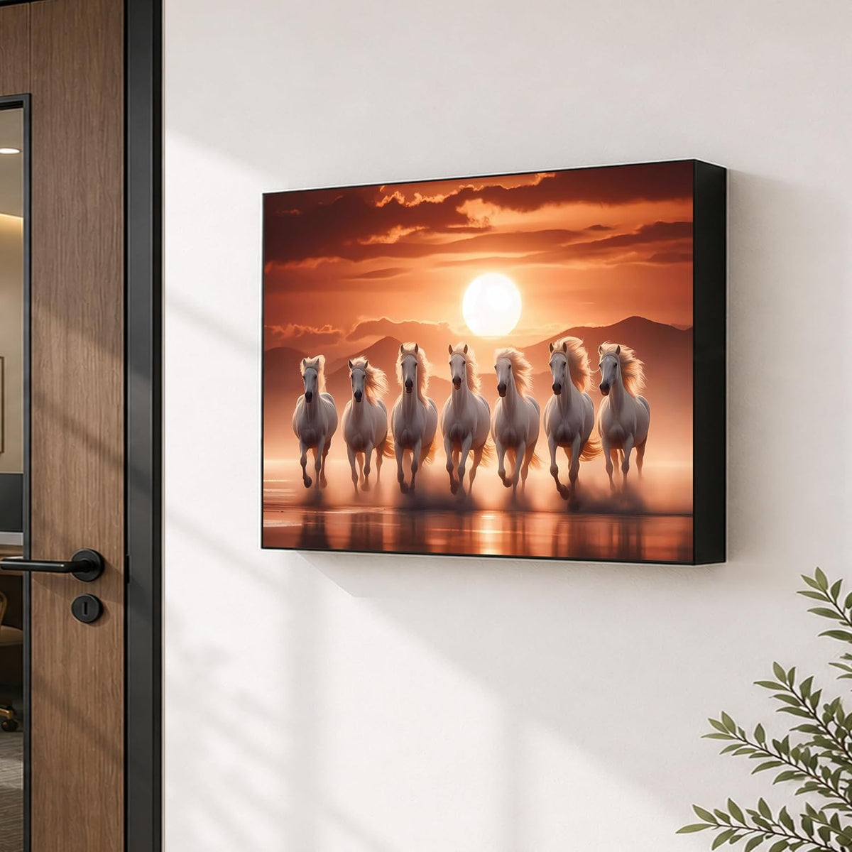 Electric MCB Box Cover Frame With Hydraulic Decorative Painting White 7 Running Horse Painting Electrical Panel box Cover, Switch Box Frame Will Fit Max 10x14 inch Switch Board, Outer Size 13X17 Inch