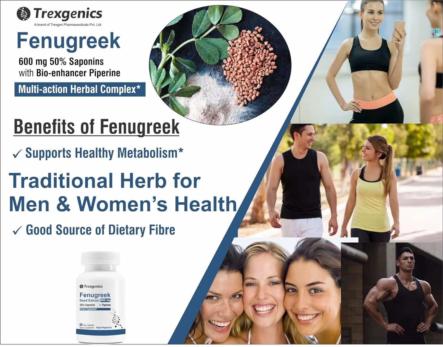 Advertisement for Trexegenics Fenugreek supplement with images of people and text about its benefits.