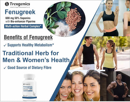Advertisement for Trexegenics Fenugreek supplement with images of people and text about its benefits.