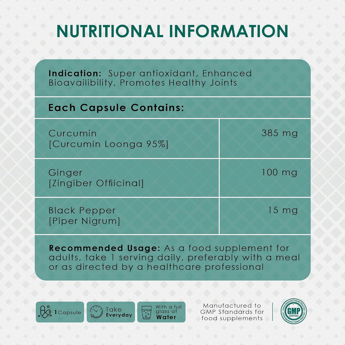 Nutritional information label for a supplement with ingredients and usage instructions.