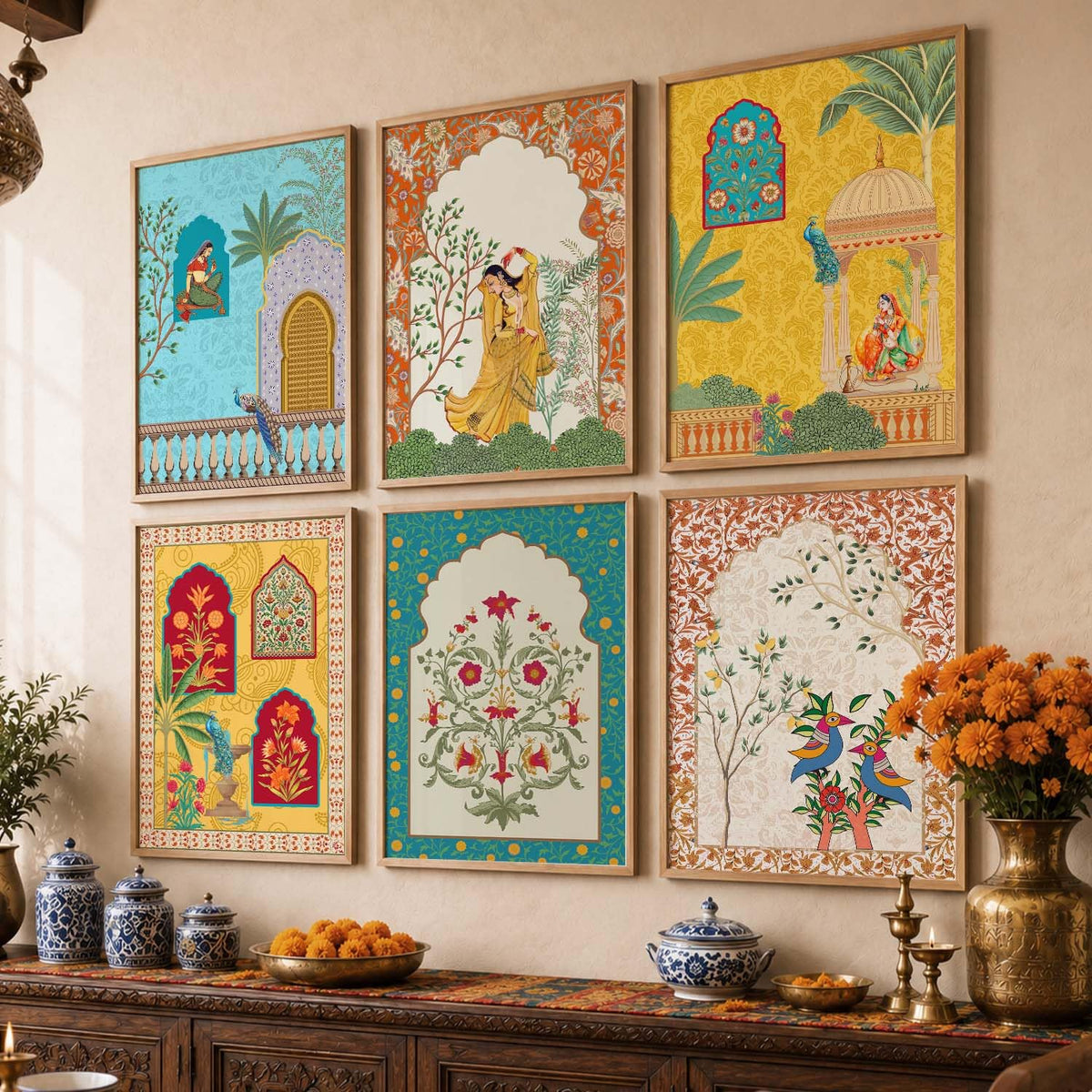 Madhubani & Pichwai Indian Traditional Wall Art Set of 6, Framed Paintings for Living Room, Bedroom & Office Decor, Indian Folk Art Prints, 10x13 Inch