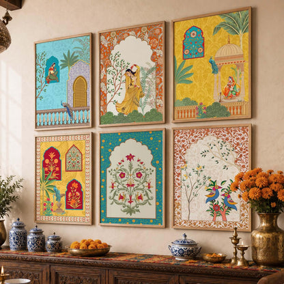 Madhubani & Pichwai Indian Traditional Wall Art Set of 6, Framed Paintings for Living Room, Bedroom & Office Decor, Indian Folk Art Prints, 10x13 Inch