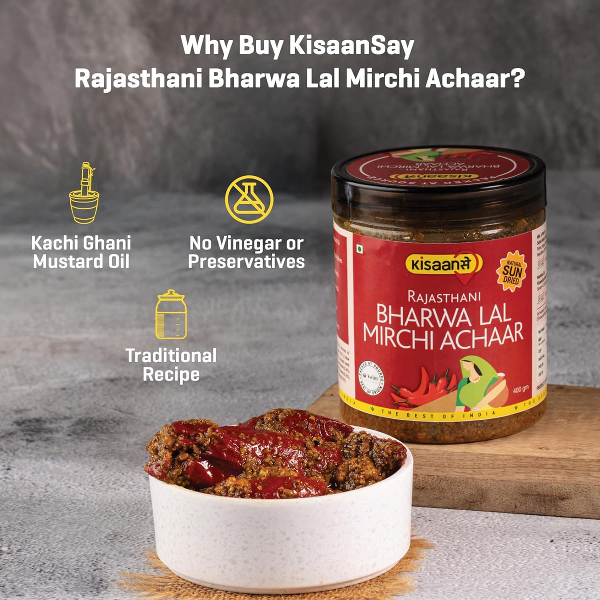 KisaanSay Rajasthani Stuffed Red Chilli Pickle 400GM | Natural Sun Dried | Marwadi Bharwa lal Mirch ka Achar | Spicy Homemade Achaar With Mustard Oil | Teekha Ghar Ka Pickle | No Garlic | No Chemical Preservatives