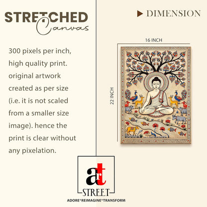 Madhubani Buddha Painting for Living Room, Buddha wall Art Painting for living room, Bedroom, office and Home, Canvas, 16x22 Inch