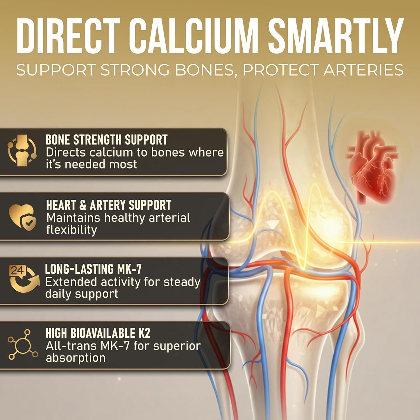 Advertisement for calcium supplement with bone and heart illustration on a beige background