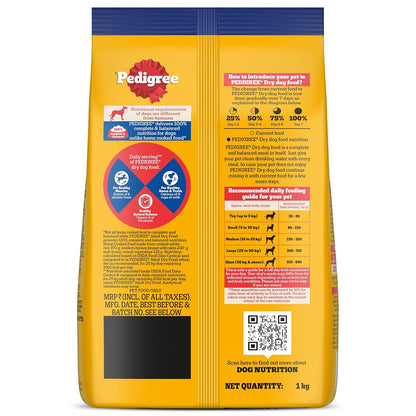 Pedigree Adult Dry Dog Food, Chicken & Vegetables, 1 kg, Contains 37 Essential Nutrients, 100% Complete & Balanced Food for Adult Dogs