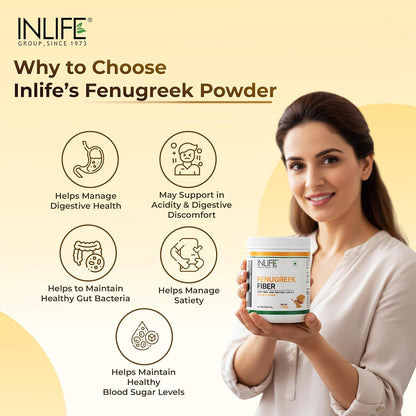 INLIFE Fenugreek Fibre Supplement | Gut Cleanse Detox & Digestive Health Powder | High Fiber & Protein | Weight Management, Manages Sugar, Bloating, Constipation & Acidity, 150g (Orange)