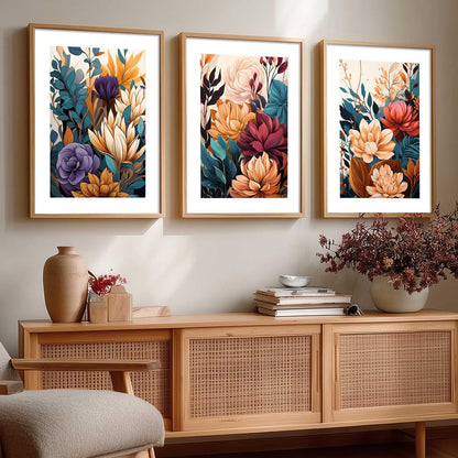 Floral Art Home Decoration Floral Paintings With Frame For Living Room Bed Room Hotel Wall Decor Digital Reprint Set of 3 (13x17 inch)
