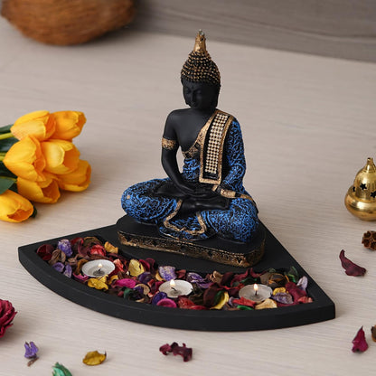 Blue Resin Meditating Lord Buddha Statue Tea Light Candle Holder| Buddha Idol Tea Light Holder Diwali Decoration Items for Home Decor Buddha Showpiece Gift for Diwali Housewarming Birthday