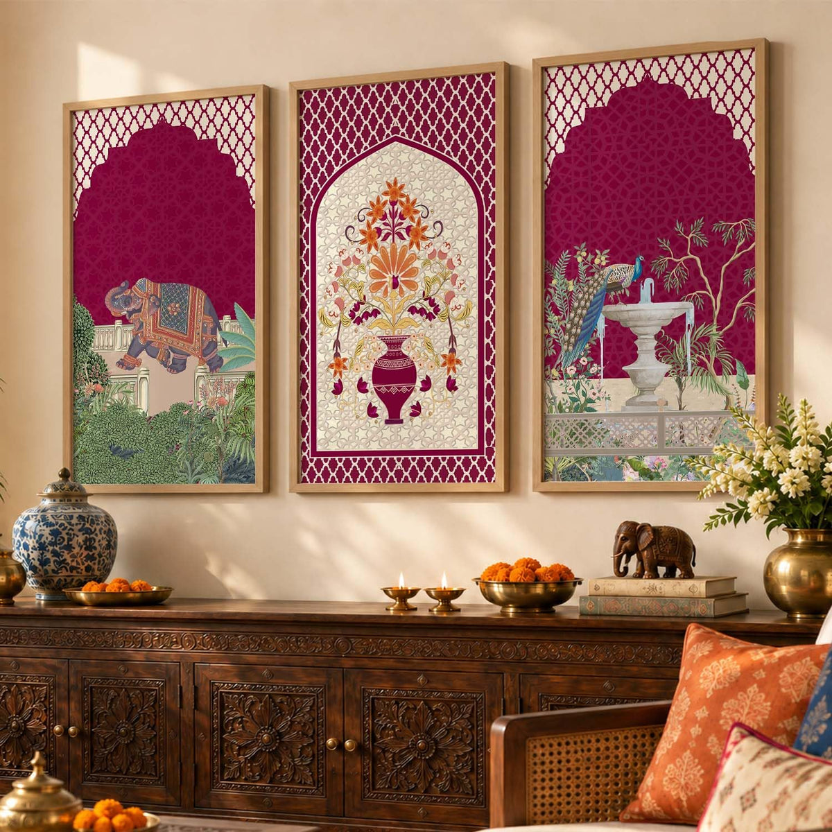 Indian Traditional Madhubani Big Size Art Home Decoration Wall Painting Art With Frame For Living Room Bed Room Hotel Wall DecorDigital Reprint Engineered Wood Set of 3 (4, 10x19 inch, Framed)