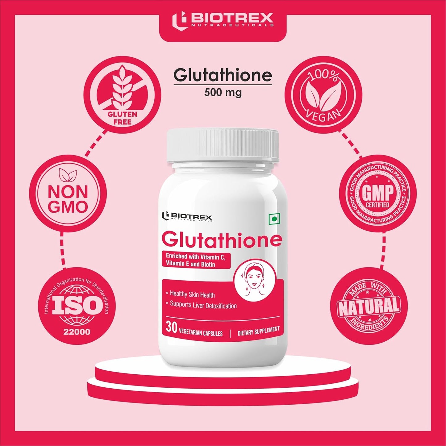 Biotrex Nutraceuticals Glutathione With Vitamin C & E, Biotin, Grape Seed Extract, Alpha Lipoic Acid, L-Lysine For Healthy Skin Health, Antioxidant Supplement - 30 Vegetarian Capsules