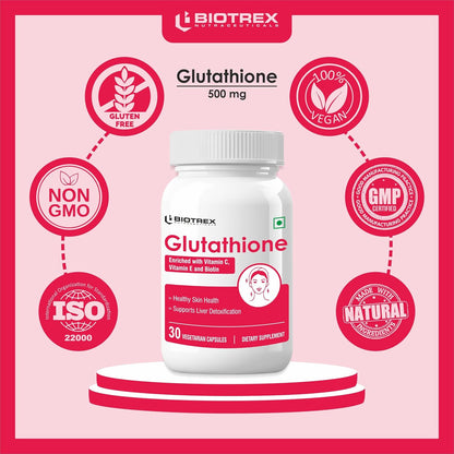 Biotrex Nutraceuticals Glutathione With Vitamin C & E, Biotin, Grape Seed Extract, Alpha Lipoic Acid, L-Lysine For Healthy Skin Health, Antioxidant Supplement - 30 Vegetarian Capsules