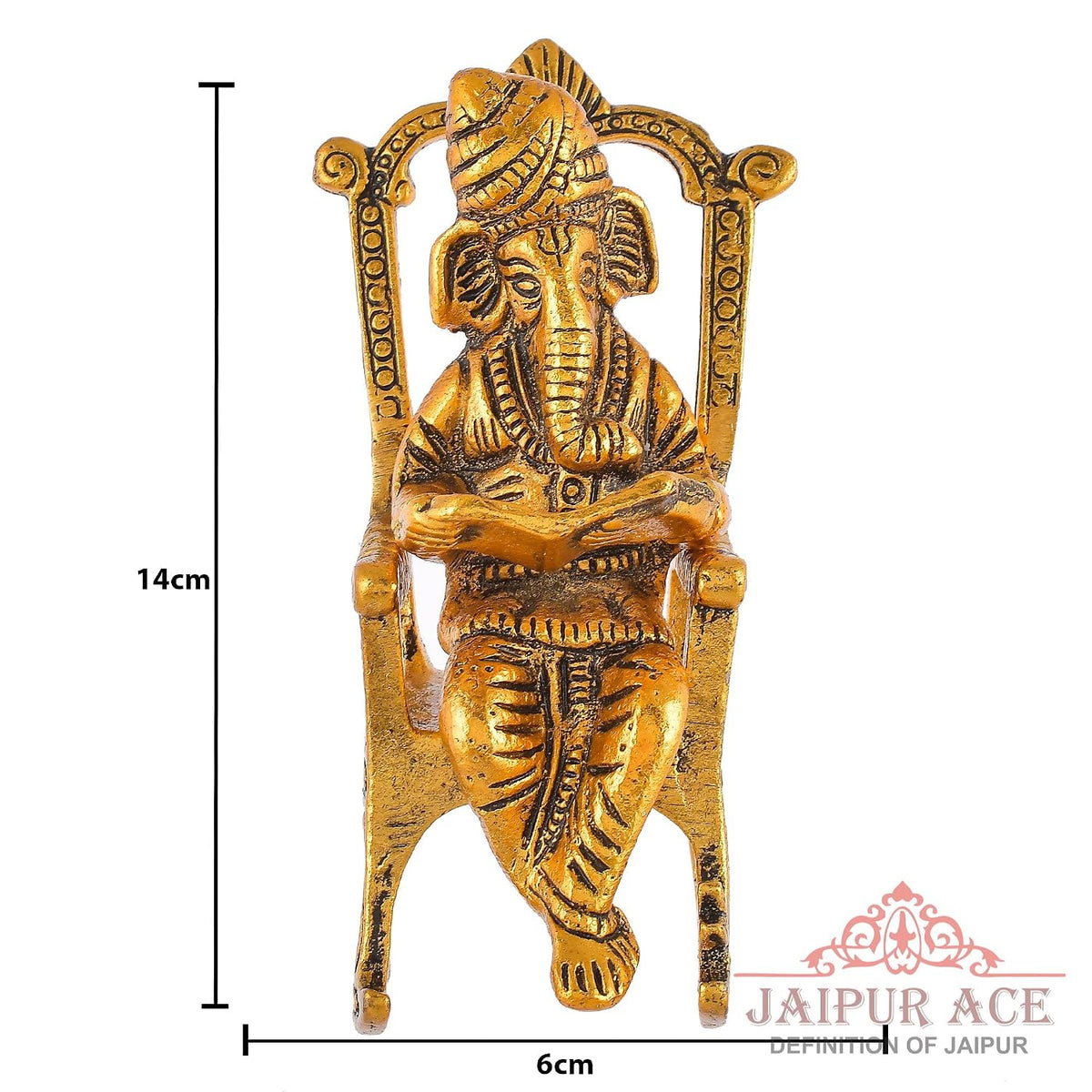 Lord Ganesha Reading Ramayana Statue Hindu God Ganesh Ganpati Sitting on Chair Idol Sculpture Good Luck & Success Home Office Gifts Decor Golden Brass Metal
