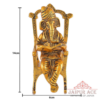 Lord Ganesha Reading Ramayana Statue Hindu God Ganesh Ganpati Sitting on Chair Idol Sculpture Good Luck & Success Home Office Gifts Decor Golden Brass Metal