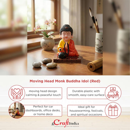 eCraftIndia Moving Head Monk Buddha Idol Showpiece for Home Decor Car Dashboard Office | Feng Shui Spiritual Meditation Buddha Statue Figurine for Good Luck Gift for Housewarming (Plastic, Red)