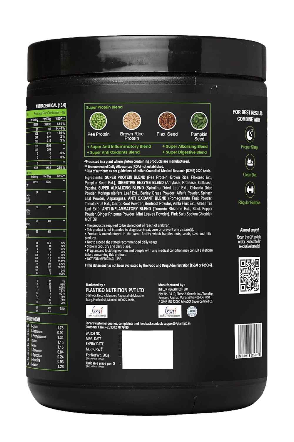 Plantigo Plant Protein Powder 500g - Unsweetened, Unflavoured, No added Sugar & Sweetener | Plant Based Pea Protein Powder |25g Protein, BCAA, Fiber - Men & Women Muscle Growth, Cooking, Baking
