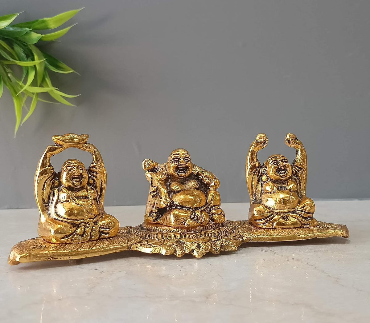 Metal Laughing Buddha Statue for Money, Wealth, Fengshui Vastu and Good Luck (Golden, 7.5 Inches Length x 2.8 Inches Height x 3 Inches Width), Idol