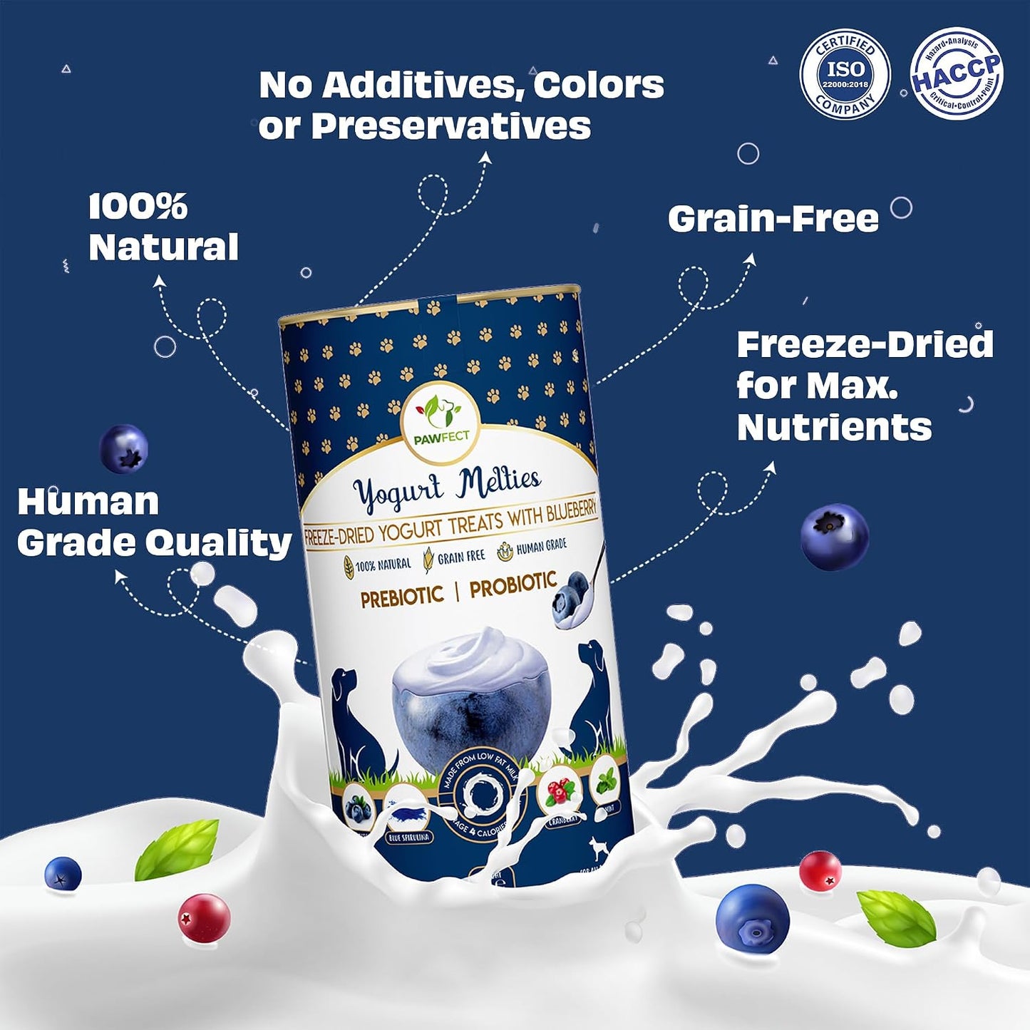 Pawfect Yogurt Melties Freeze Dried Pre and Probiotic Dog Treats with Blueberry, Cranberry, Blue Spirulina & Mint - Healthy Gut - Low Calories - Grain & Gluten Free - Training Treats (38g/1.34oz)