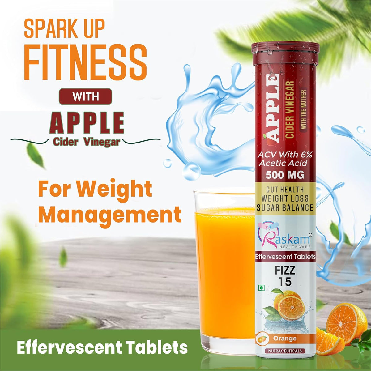Apple cider vinegar product with a glass of orange juice and text about fitness and weight management.