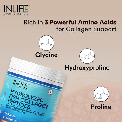 INLIFE Hydrolyzed Marine Collagen Tripeptides Supplement | Vitamin C, E, Biotin & Hyaluronic Acid | For Skin, Hair & Nails,(200g, Orange)