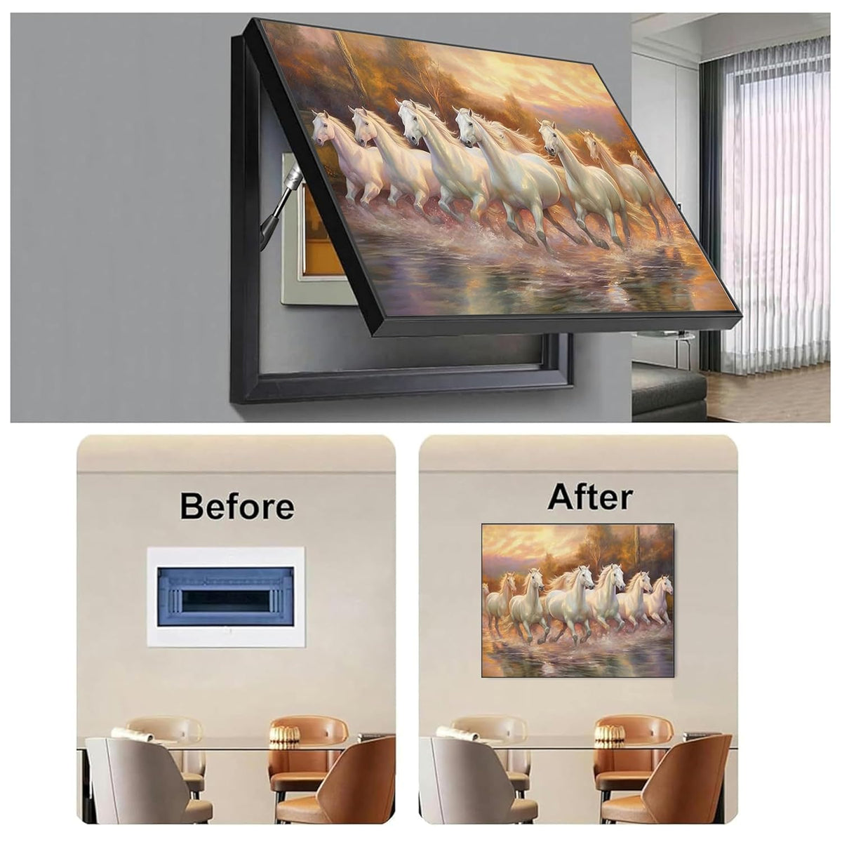 Electric MCB Box Cover Frame With Hydraulic Decorative Painting White 7 Running Horse Painting Electrical Panel box Cover, Switch Box Frame Will Fit Max 10x14 inch Switch Board, Outer Size 13X17 Inch
