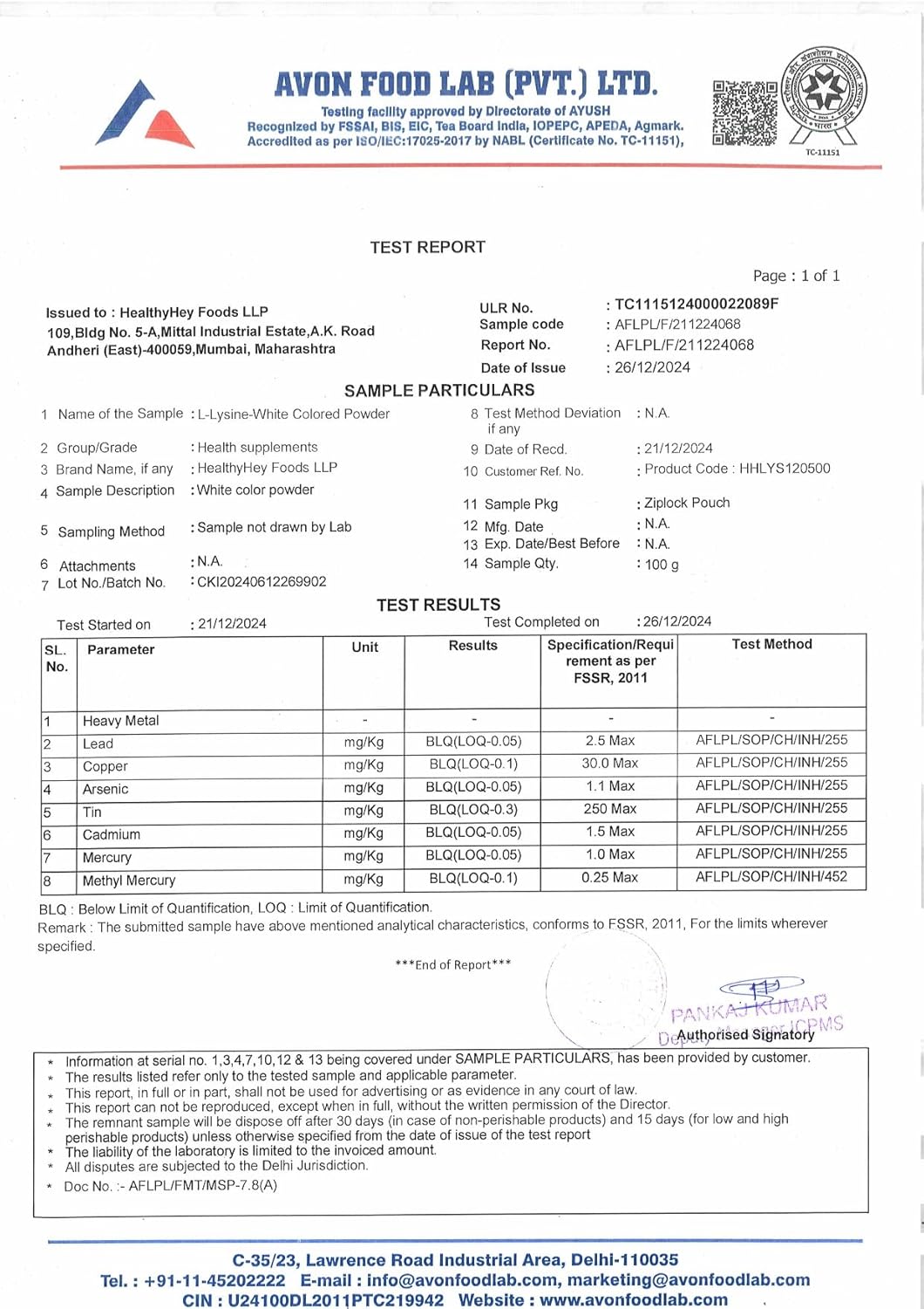 Avon Food Lab test report for a food product