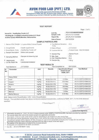 Avon Food Lab test report for a food product