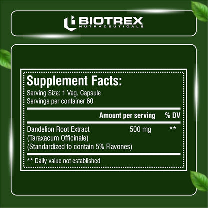 Biotrex Nutraceuticals Dandelion 500mg | Natural Diuretic & Antioxidant | Liver Support and Body Detox | Supports Digestion | Regulates Glucose Levels | 60 Veg Capsules