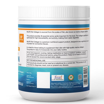 INLIFE Japanese Marine Collagen Supplements for Women & Men | Fish Collagen Powder for Skin & Hair | Clinically Proven Ingredient with Biotin, Hyaluronic Acid, Vitamin C & Glucosamine (200g, Orange)