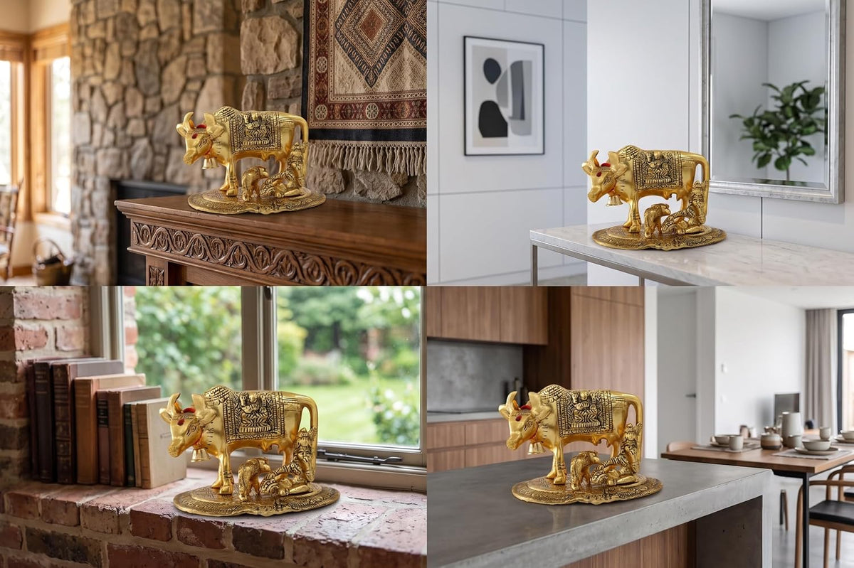 KridayKraft Kamdhenu Cow with Calf & Bal Gopal Krishna Idol, 19 cm Metal Gau MATA Statue for Home Mandir, Pooja Room, Vastu & Religious Gifting, Antique Gold Finish, 910 g