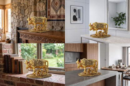 KridayKraft Kamdhenu Cow with Calf & Bal Gopal Krishna Idol, 19 cm Metal Gau MATA Statue for Home Mandir, Pooja Room, Vastu & Religious Gifting, Antique Gold Finish, 910 g