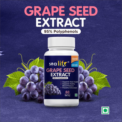 Sea Life Grape Seed Extract | 500 mg 60 Tablets | Antioxidant Supplement Strengthens Immunity, Helps Fight Infections, Promotes Healthy Skin and Hair| For Women and Men.