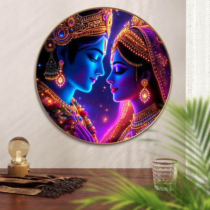 Radha Krishna Round Art Print with Golden Frame | Neon Glow HD Divine Art Print for Pooja Room Living Room Temple Décor 16 Inch x 16 Inch