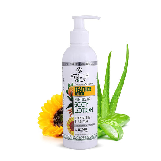 Ayouthveda Feather Touch Moisturizing Body Lotion| Powered with Pro-Vitamins, 5 Essential Oils & AloeVera|Suitable For Normal To Dry Skin| Helps to Repair Damage Skin(Pack Of 1;200ml)