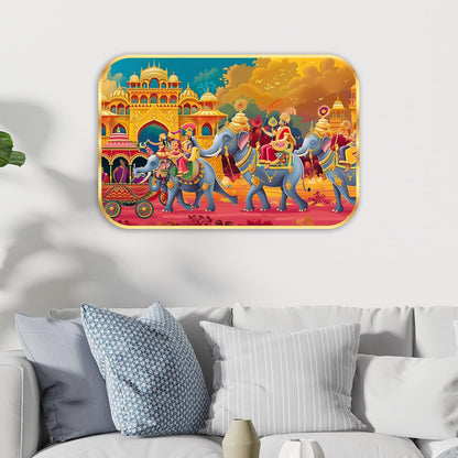elephant modern art Premium Sparkle Lamination Finished Surface Golden Slim Frame 35 cm x 28 cm Large Size, For Home/Office/Hotel painting KG54