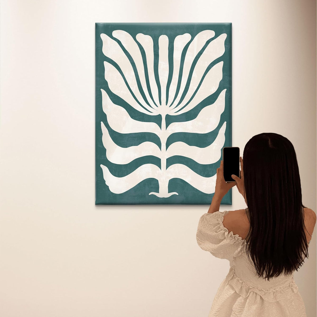 Modern Boho Floral Framed Canvas Wall Art – Abstract White Botanical Print on Teal | Minimalist Nature Décor for Living Room, Office & Bedroom (18 x 24 Inch) CVD-371