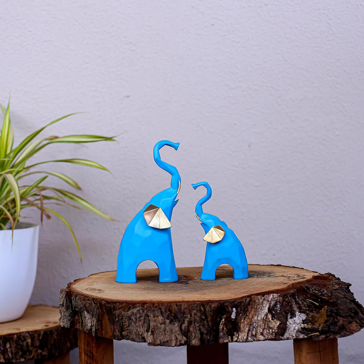 Elephant Pair Showpiece Geometrical Animal Figurine for Home Decor Living Room Decor(9 & 6 inch, Green)