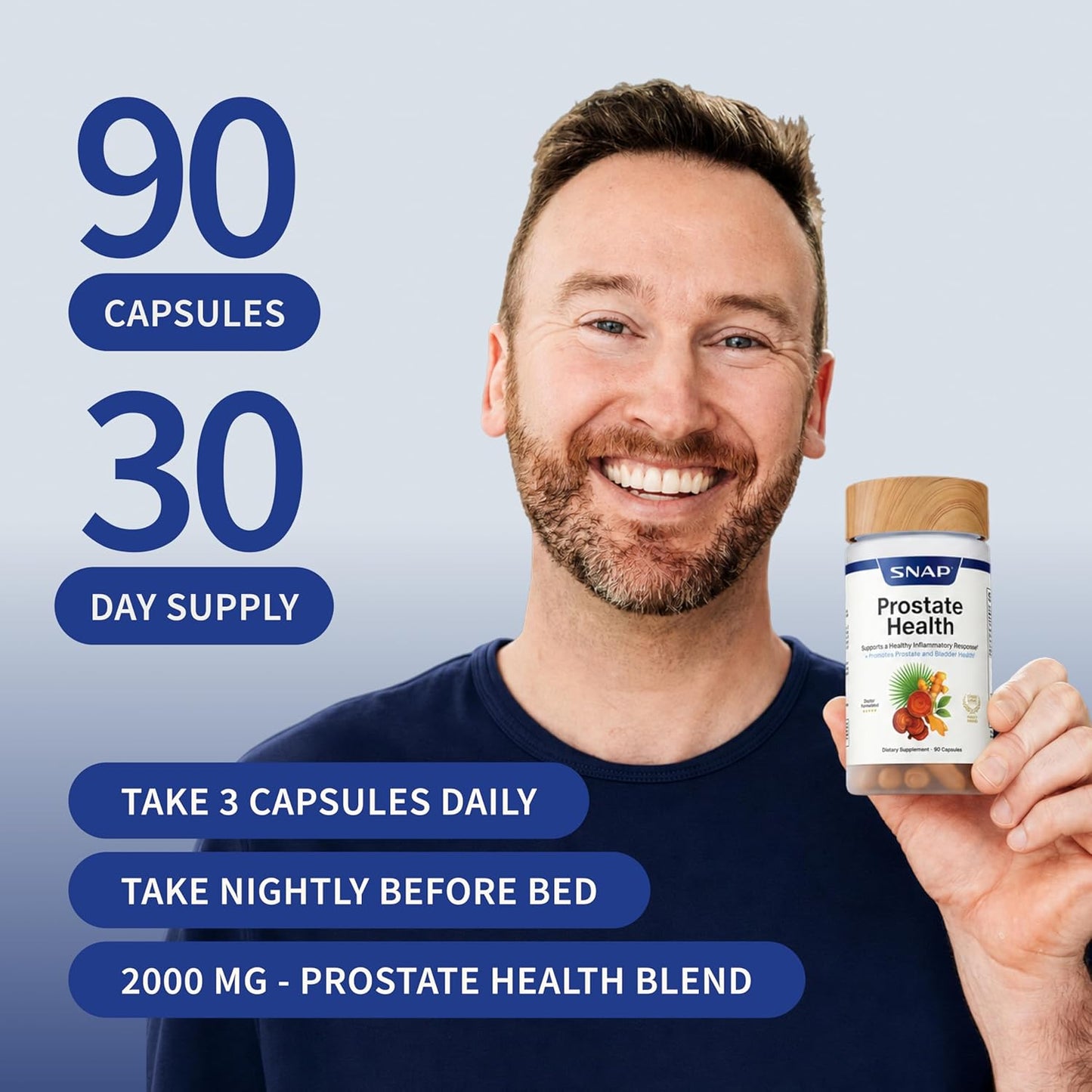 Man holding a supplement bottle with product details on a blue background