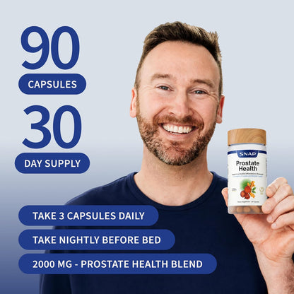 Man holding a supplement bottle with product details on a blue background