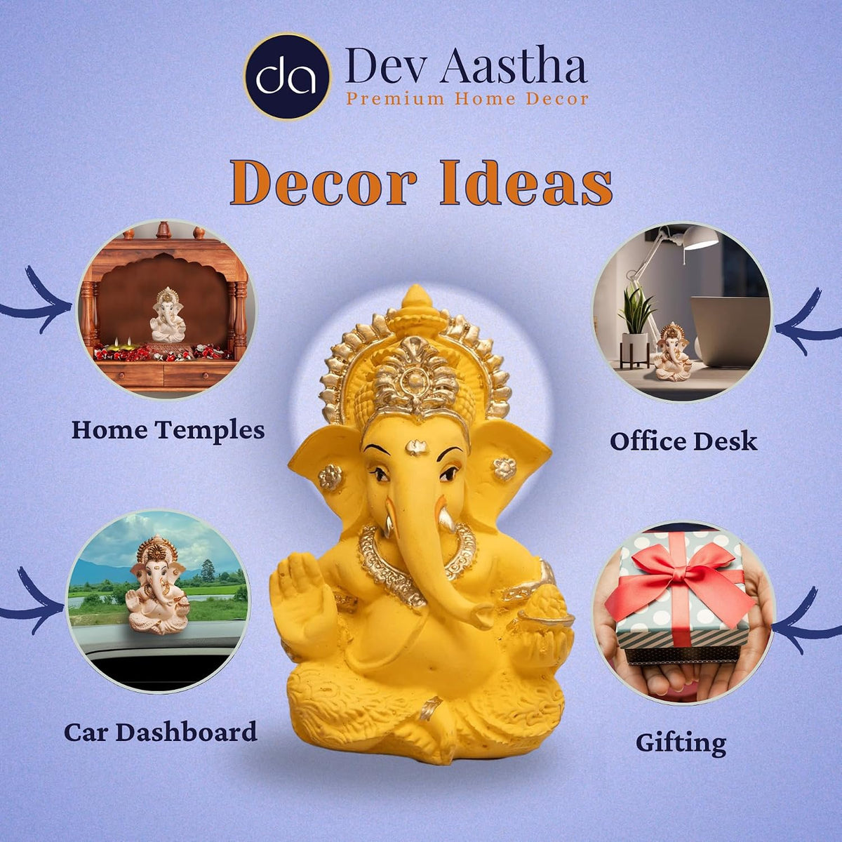 Lord Ganesha Idol for Car Dashboard, Home Decor & Pooja | Resin Gold Plated Ganpati Murti | 3.5 Inch Ganesh Statue for Gift, Diwali, Housewarming, Baby Shower, Mandir Decor, Yellow, Pack -1